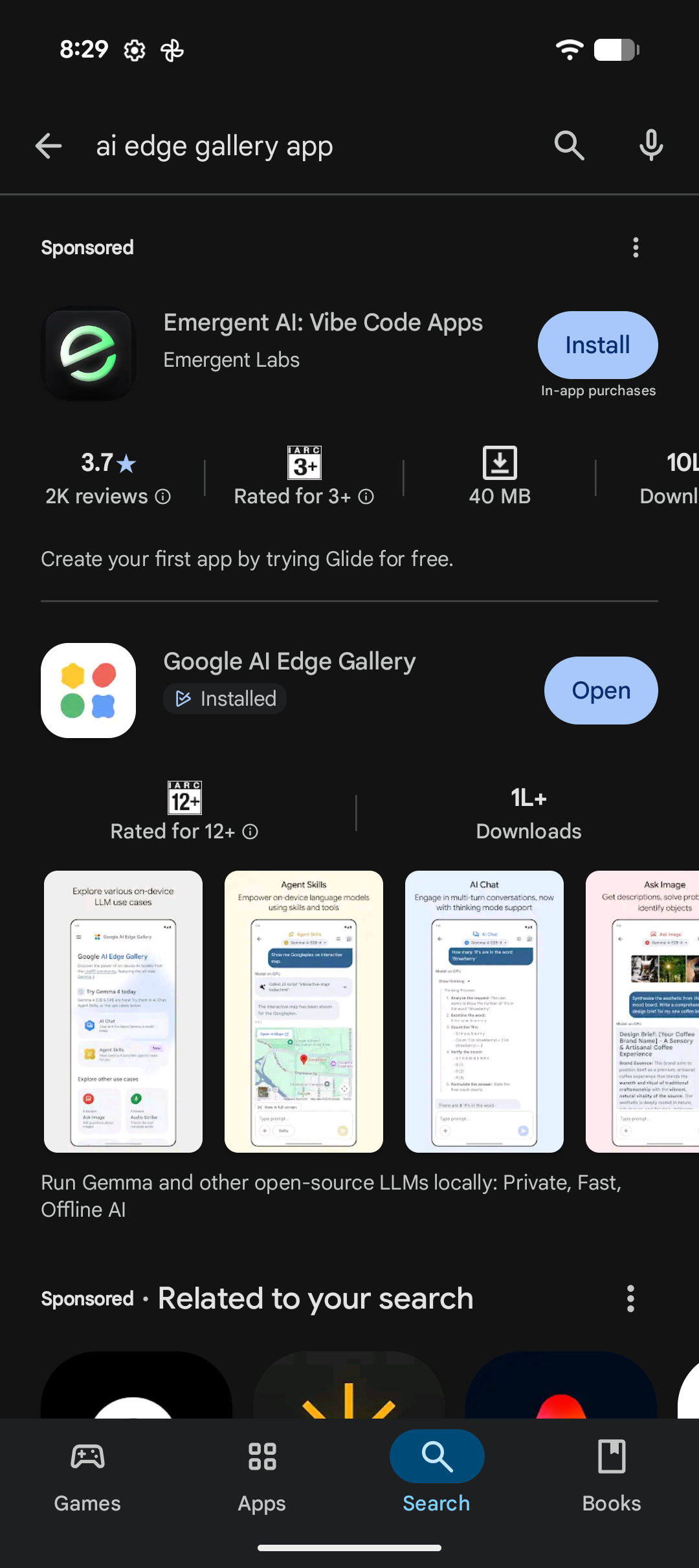 Google AI Edge Gallery on the Play Store — tap Install
