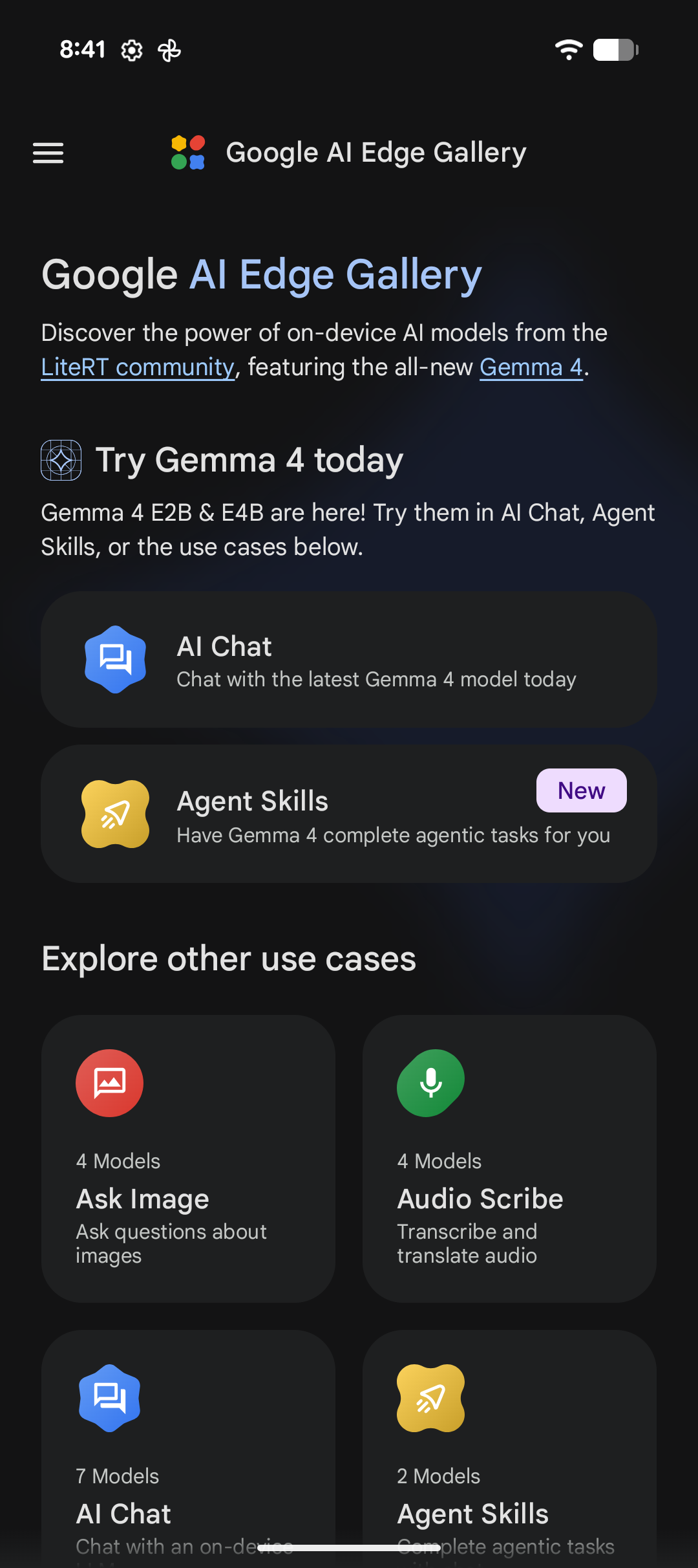 Google AI Edge Gallery home screen showing available use cases