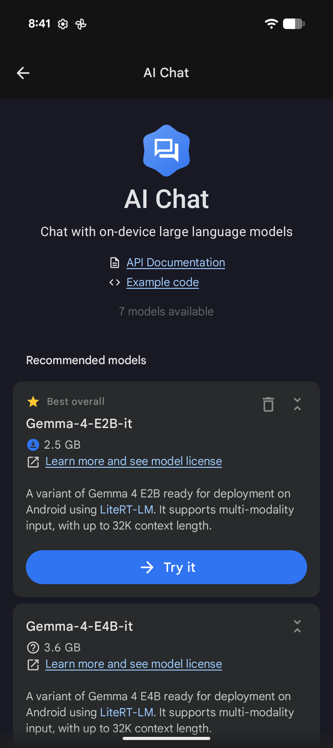 Try it — open the on-device chat after the model is ready