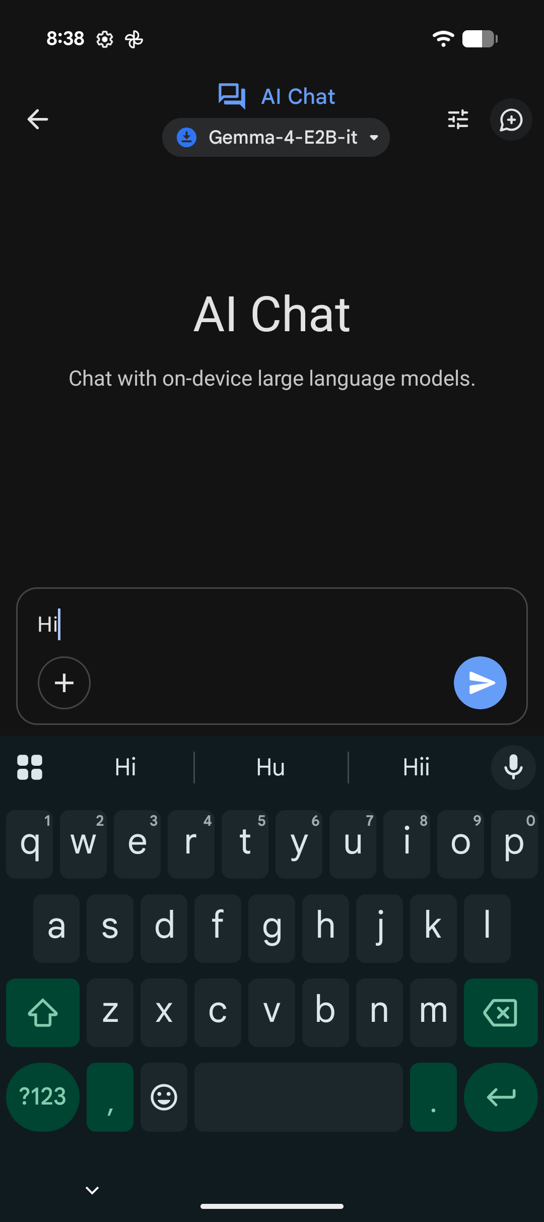 Chatting with a downloaded model (e.g. Gemma) offline on device — view 1