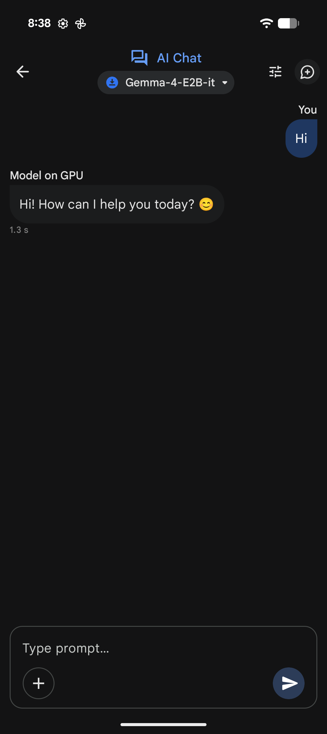 Chatting with a downloaded model (e.g. Gemma) offline on device — view 2